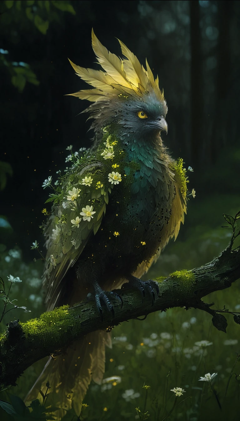 Ätherischer Chimärenvogel aus Blättern, der im Wald leuchtet