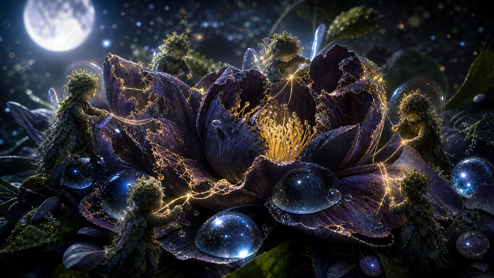 Minuscole creature di muschio riparano un fiore notturno luminoso