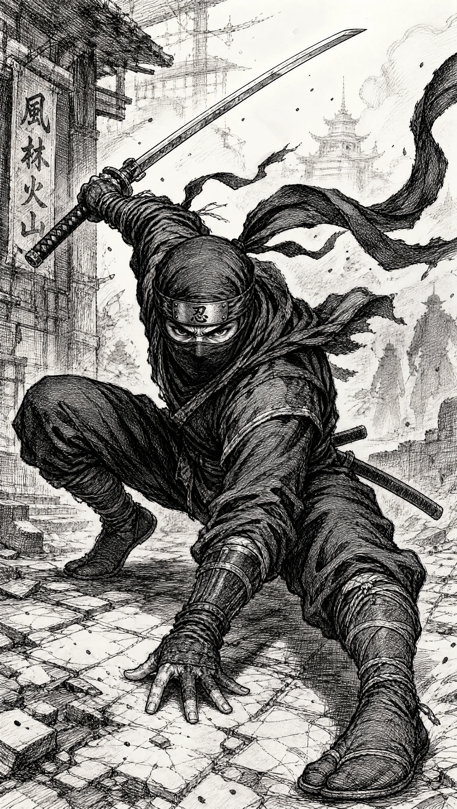 Disegno a inchiostro dinamico di un ninja in pieno movimento