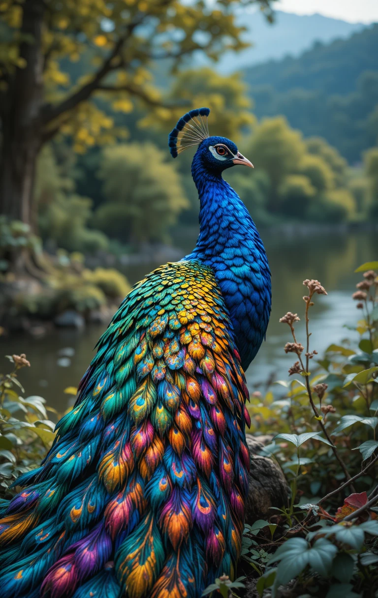 Pavão colorido com penas iridescentes esvoaçantes ao ar livre