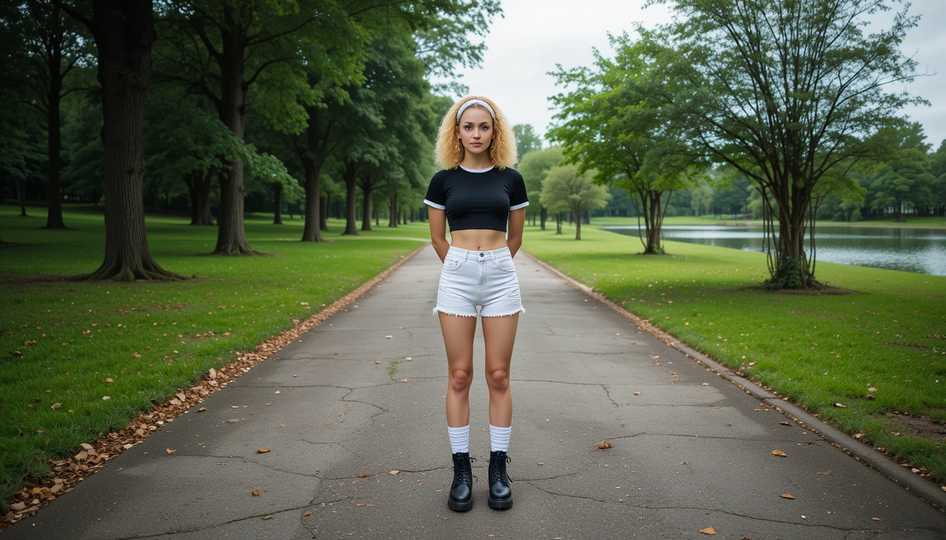 Young woman standing on a park path by a calm lake