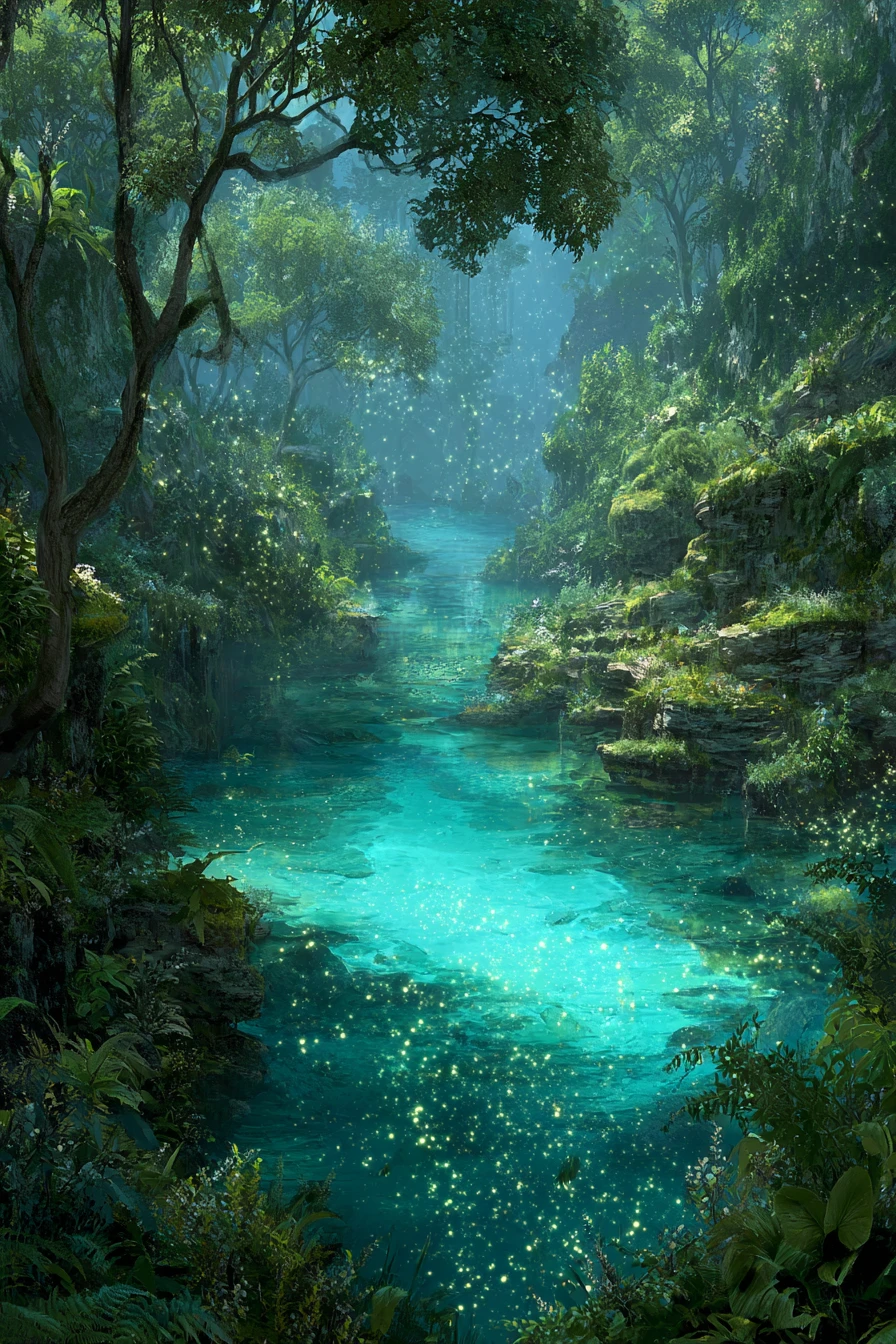 Mystical lake with lush greenery and exotic wildlife