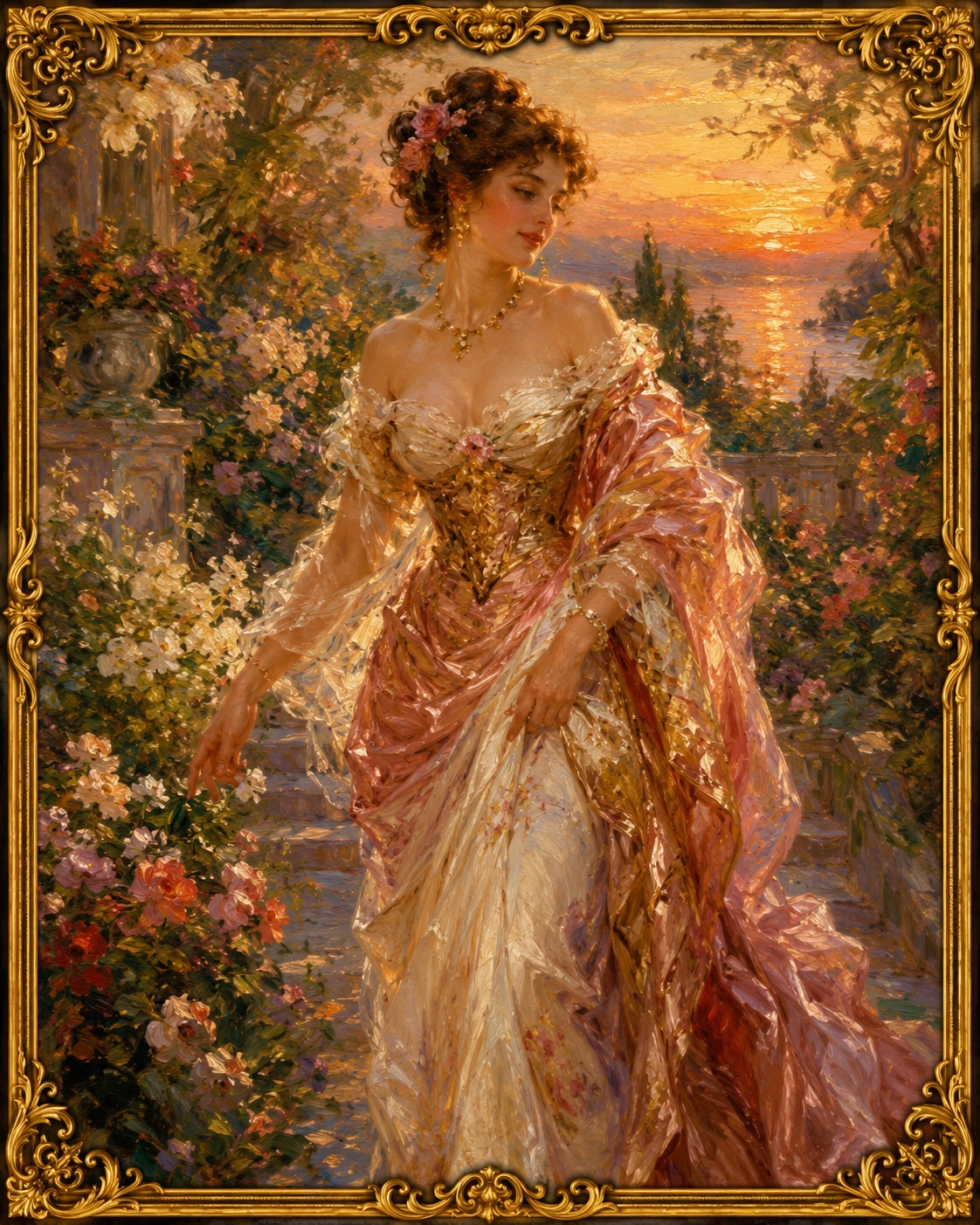 Mulher elegante de seda caminhando por um jardim de flores ao entardecer