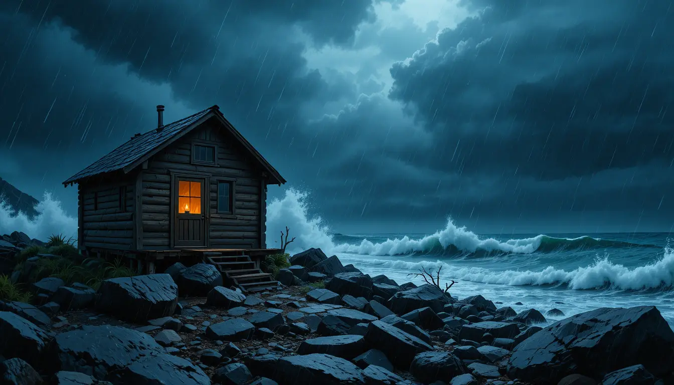 Stormy coastal cabin glowing with warm candle light