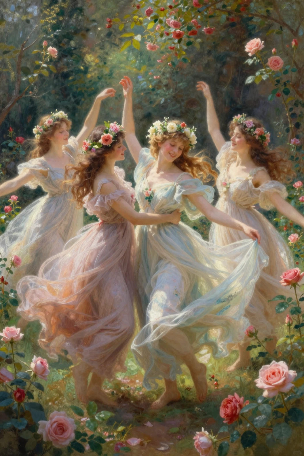 Dancing maidens in flowing gowns in a rose garden