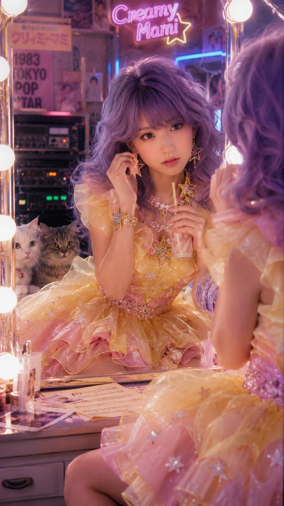 Idol pop ajustando os brincos em camarim iluminado por neon