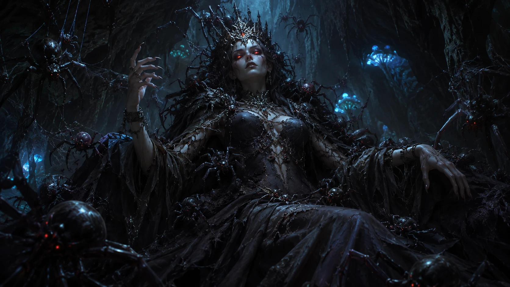 Rainha demônio envolta por aranhas em uma caverna luminosa