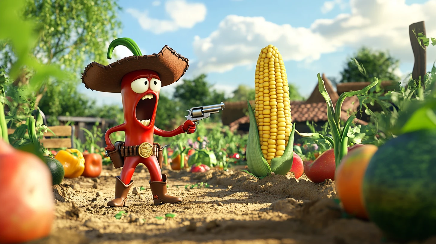 Cowboy pimenta quente gritando com milho bravo no jardim