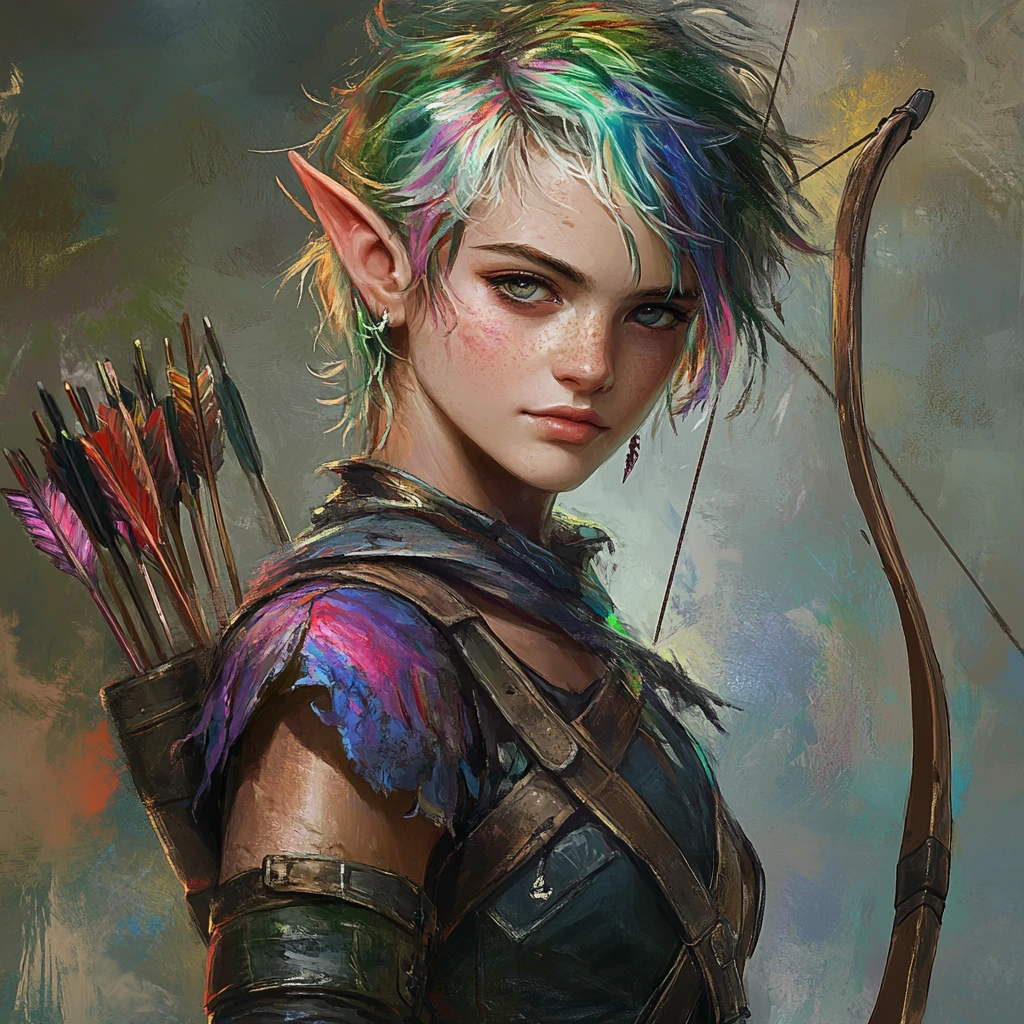 俏皮精靈遊俠女孩，手持弓箭與凌亂短髮