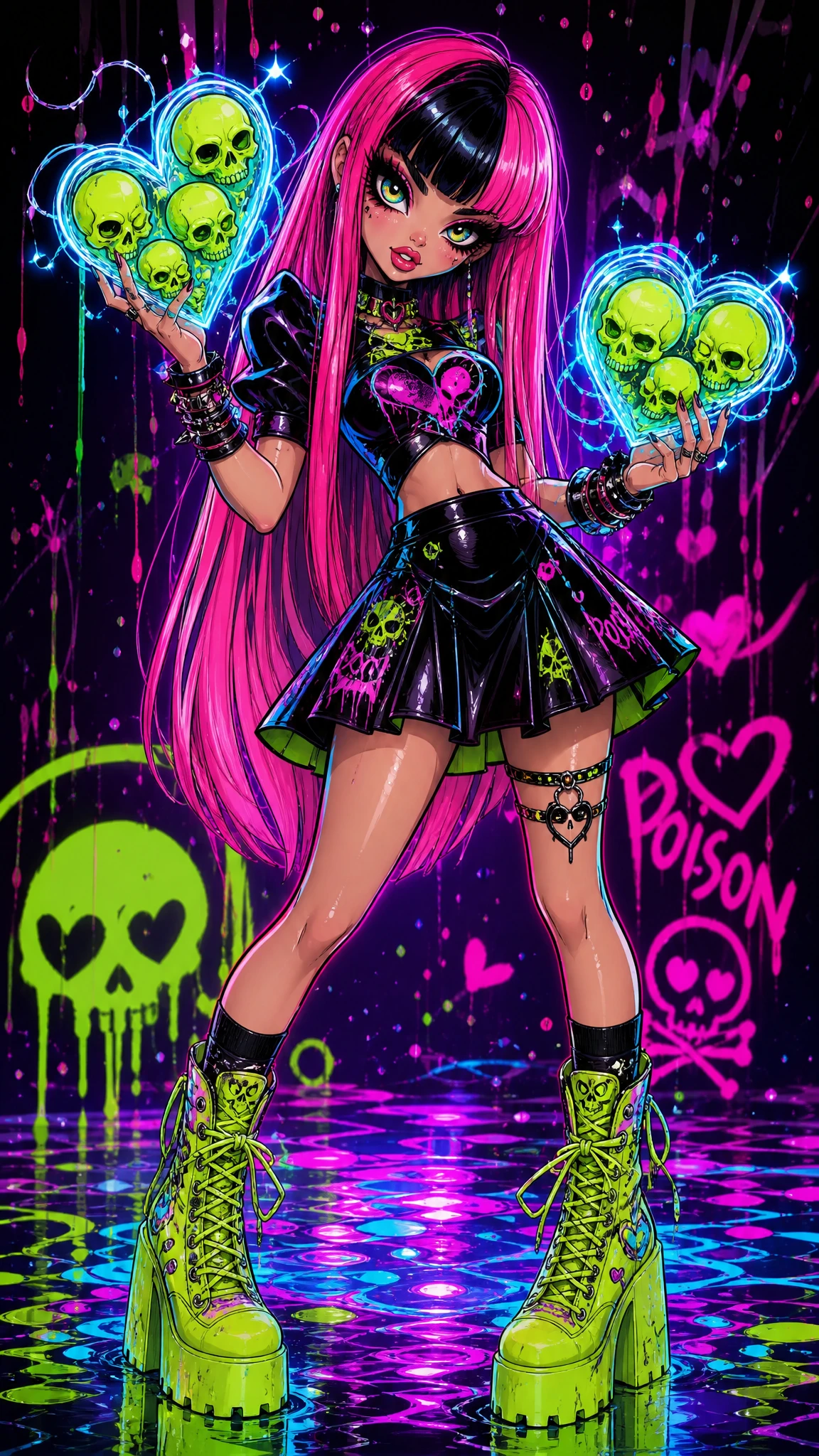 Anime goth girl with electric glass hearts in hand