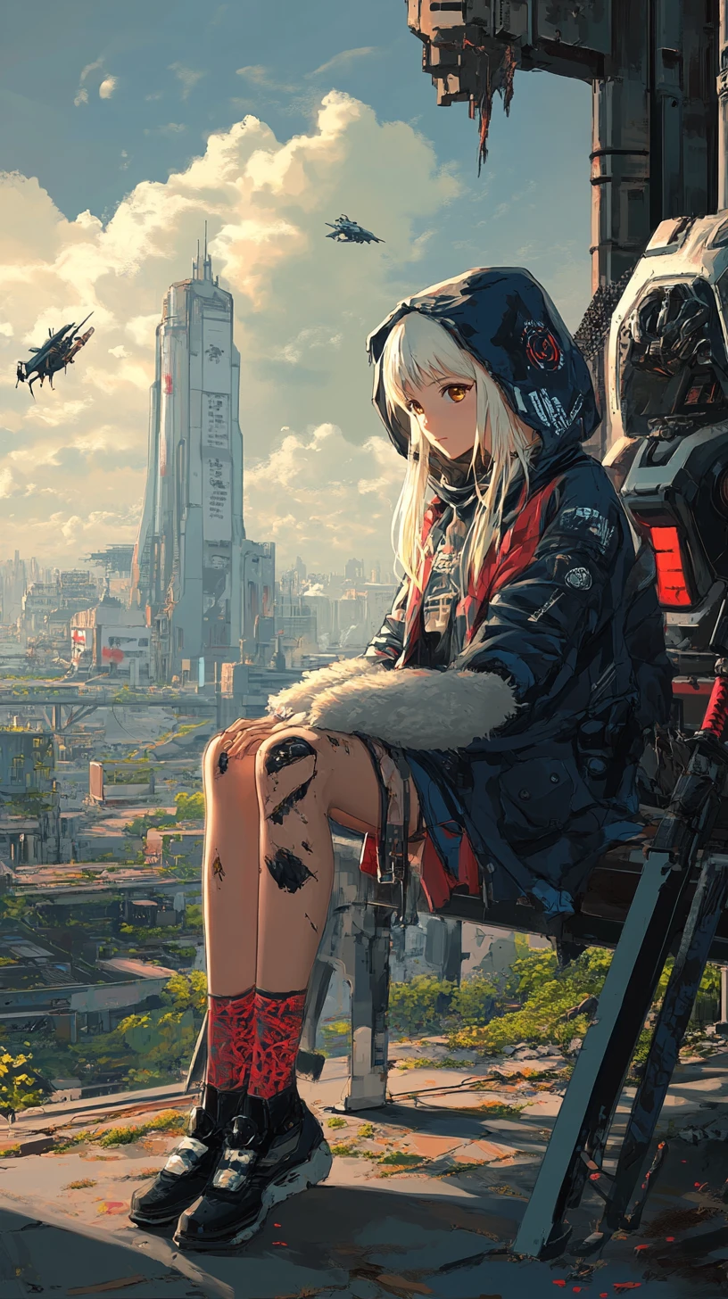 Ragazza anime su una panchina in una città post-apocalittica in rovina