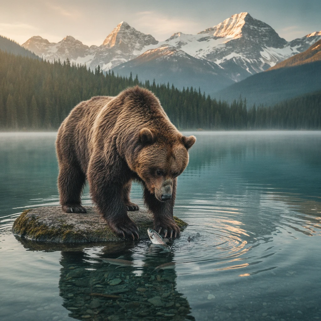 Ours brun pêchant au bord d’un lac calme et limpide
