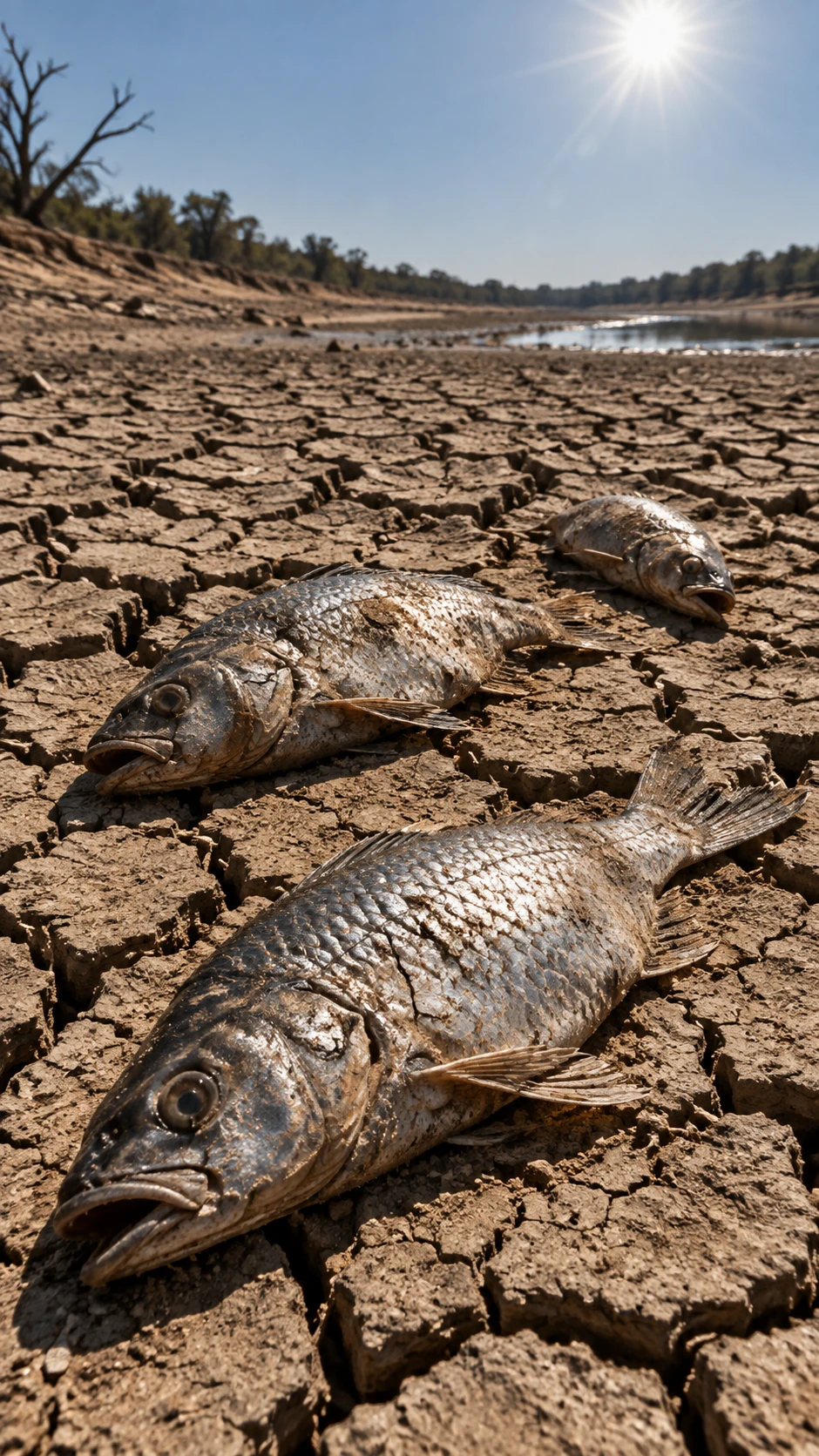 Stranded Fish On Cracked Riverbed Under Harsh Sunlight