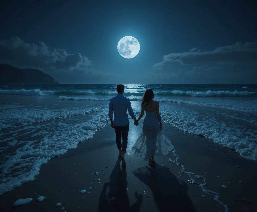 Casal caminhando de mãos dadas em uma praia ao luar