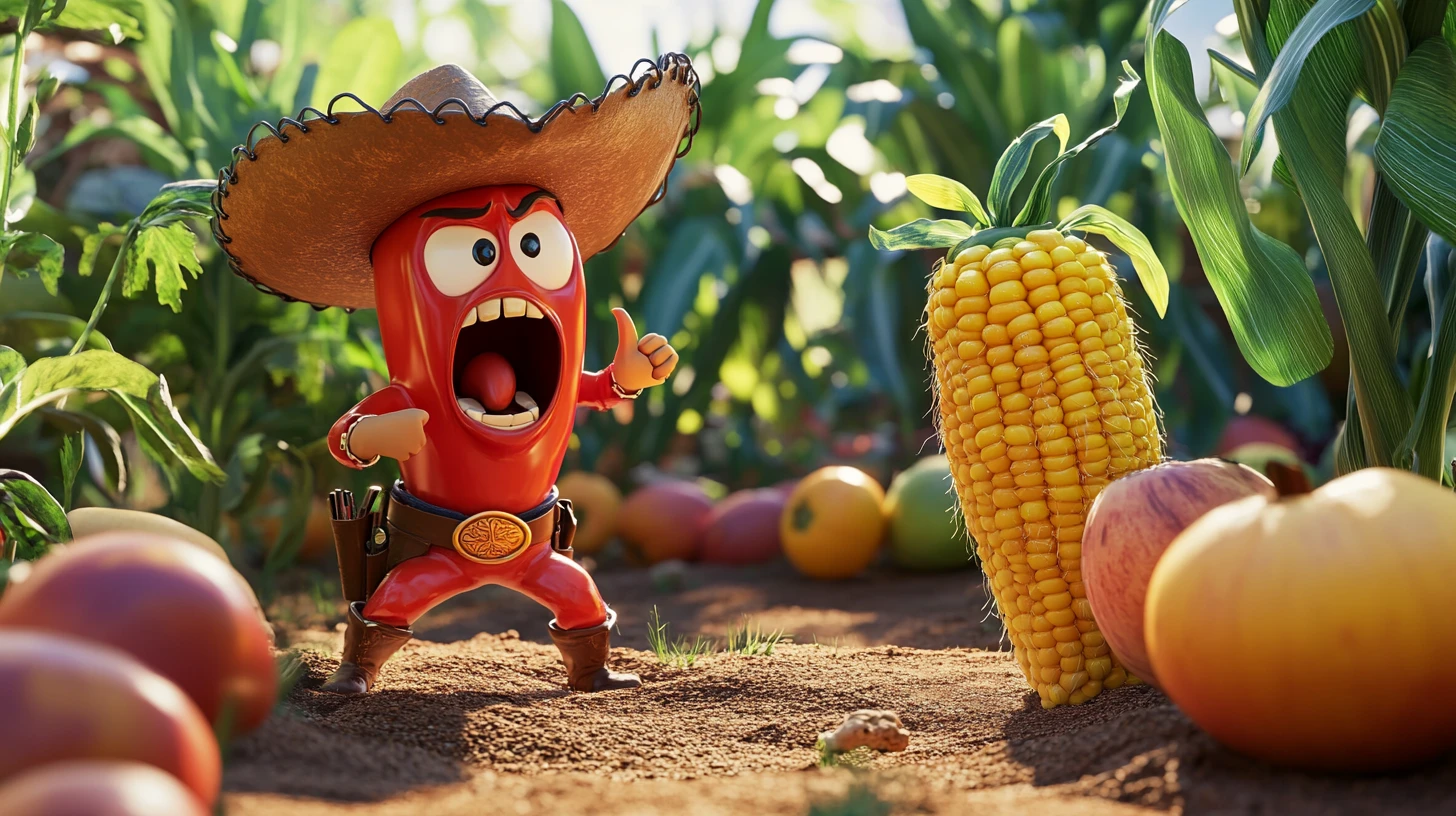 Cowboy chili pepper arguing with angry corn in garden