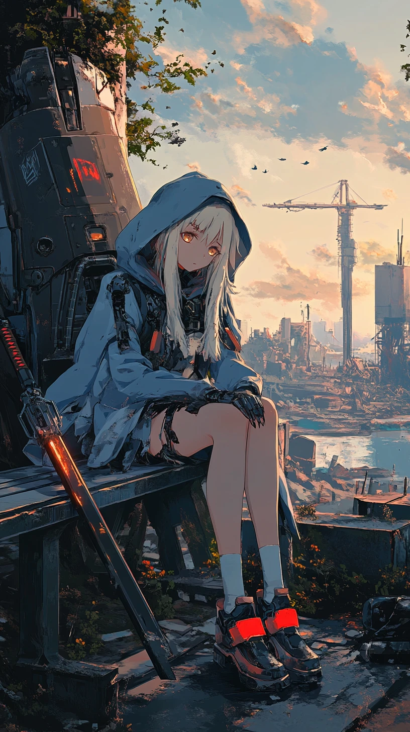 Anime girl resting on a bench in ruined city