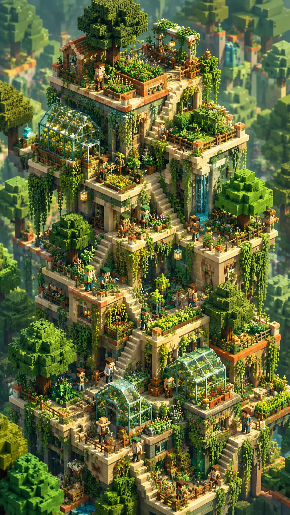 Torre-jardim em voxel com terraços exuberantes e árvores