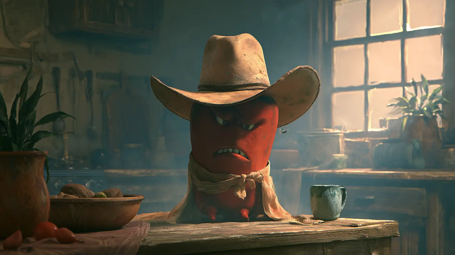 Cow-boy Piment Chili Enragé Debout sur une Table de Cuisine