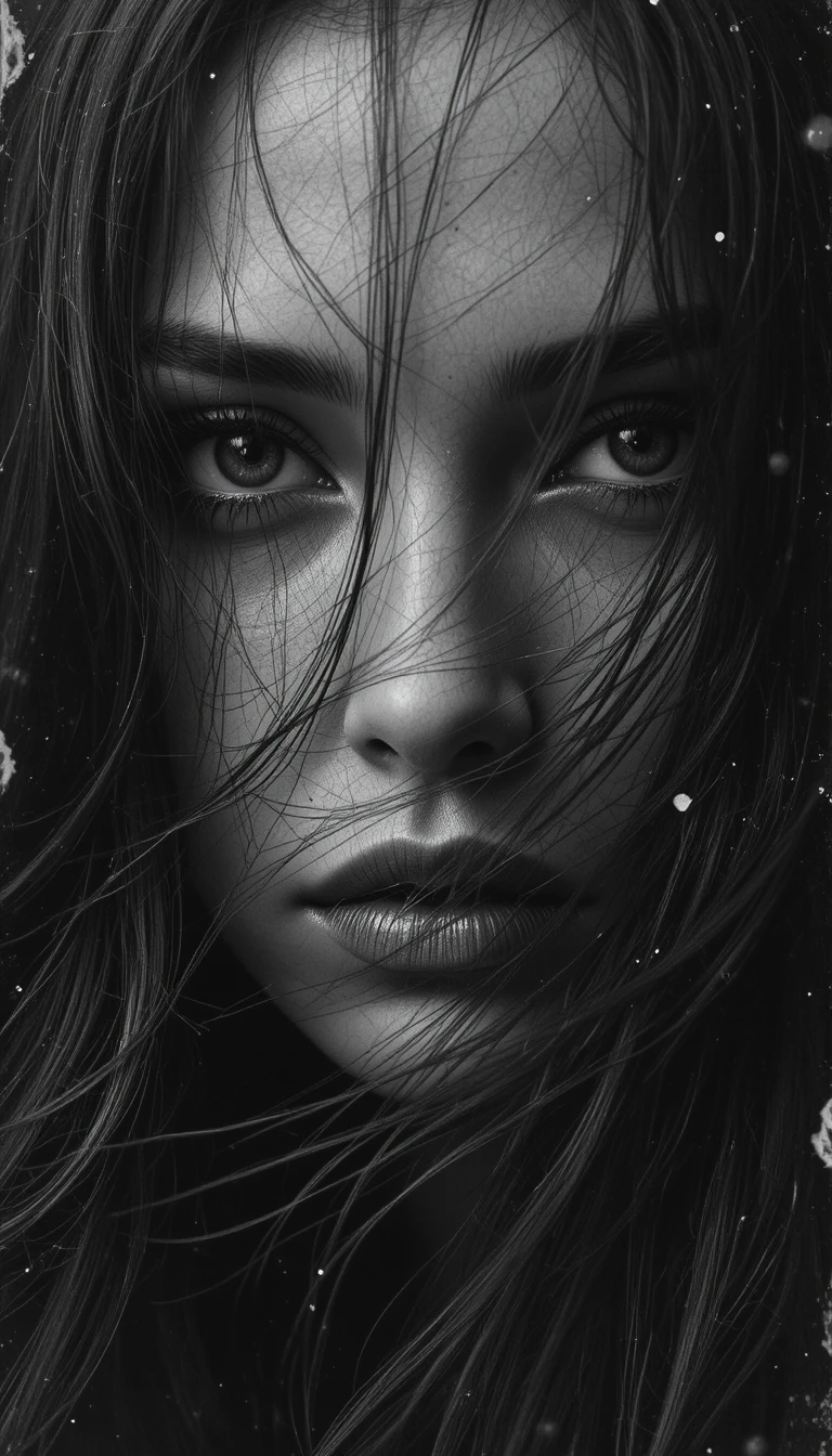 Retrato dramático en blanco y negro en primer plano con el rostro oculto