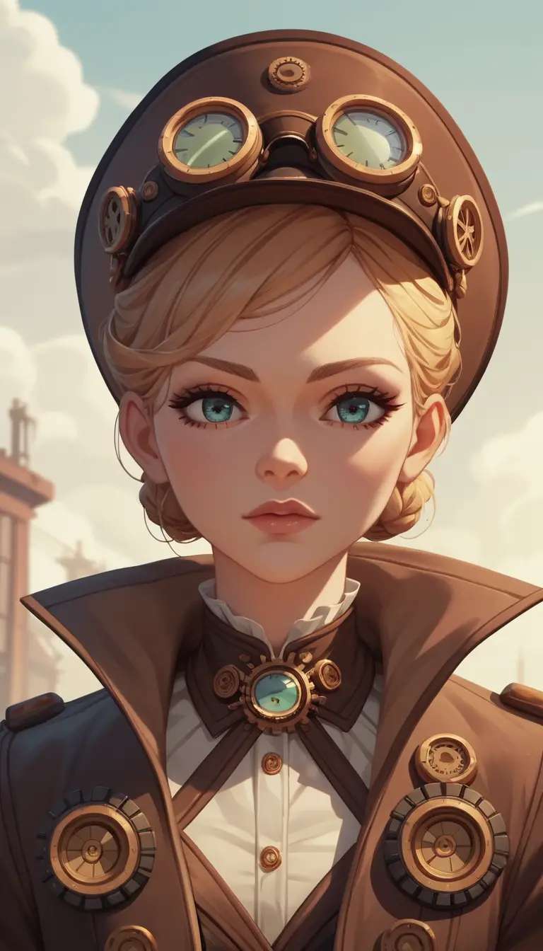 Close up steampunk female worker with cybernetic details