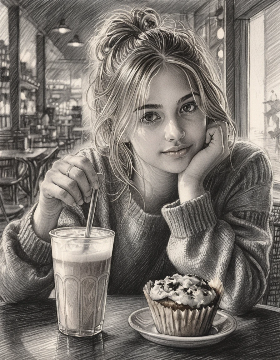Young woman sketch at cafe table with coffee and muffin