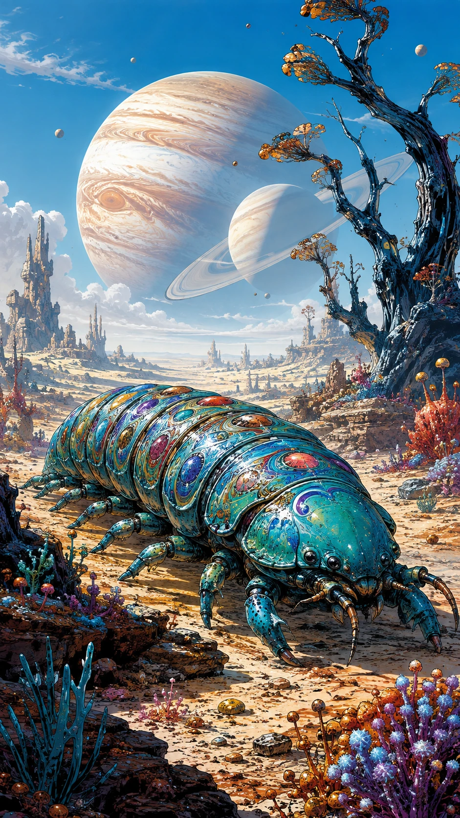 Ancient turquoise creature crossing a vast alien landscape