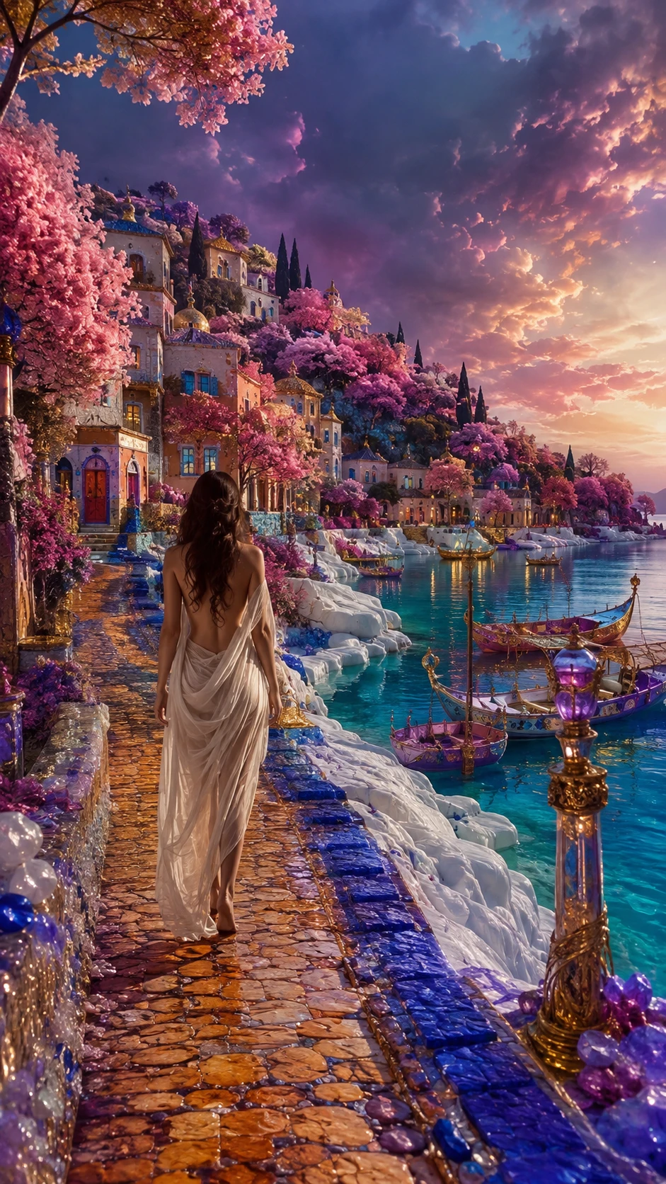Vila mediterrânea surreal com mulher em floresta rosa de sonhos