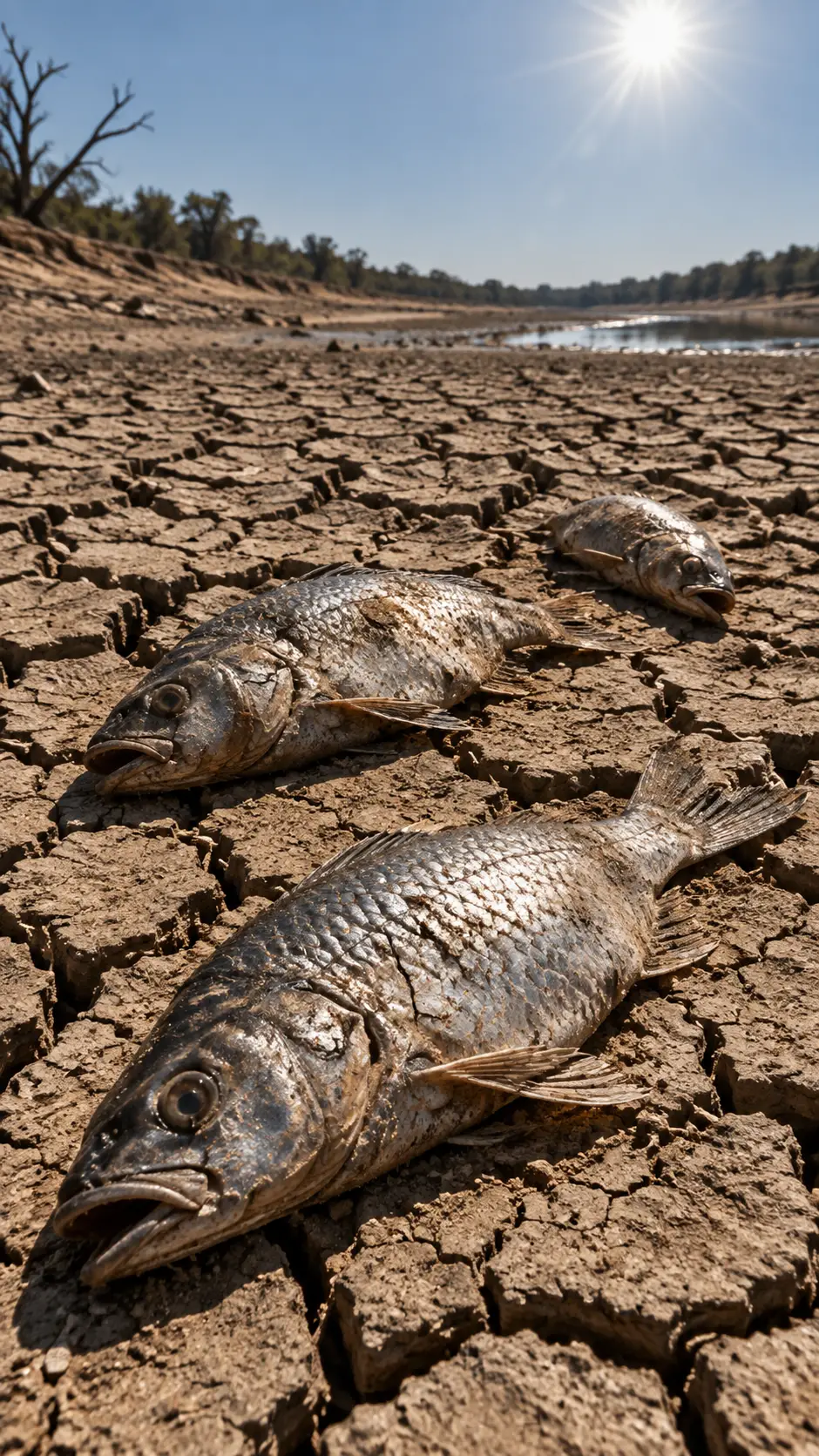 Stranded Fish On Cracked Riverbed Under Harsh Sunlight