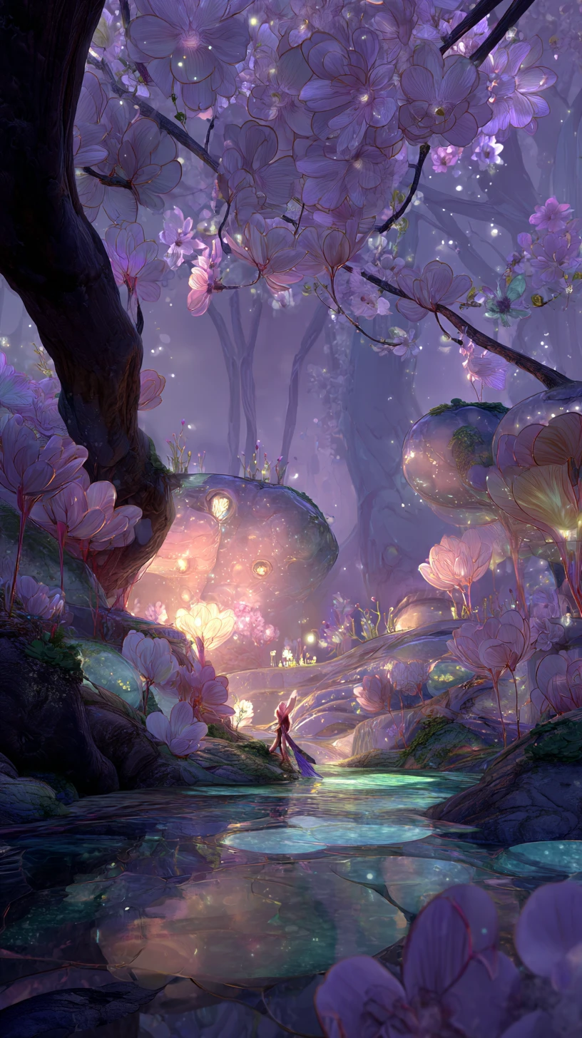 Floating fairy gardens drifting beneath a pastel twilight sky