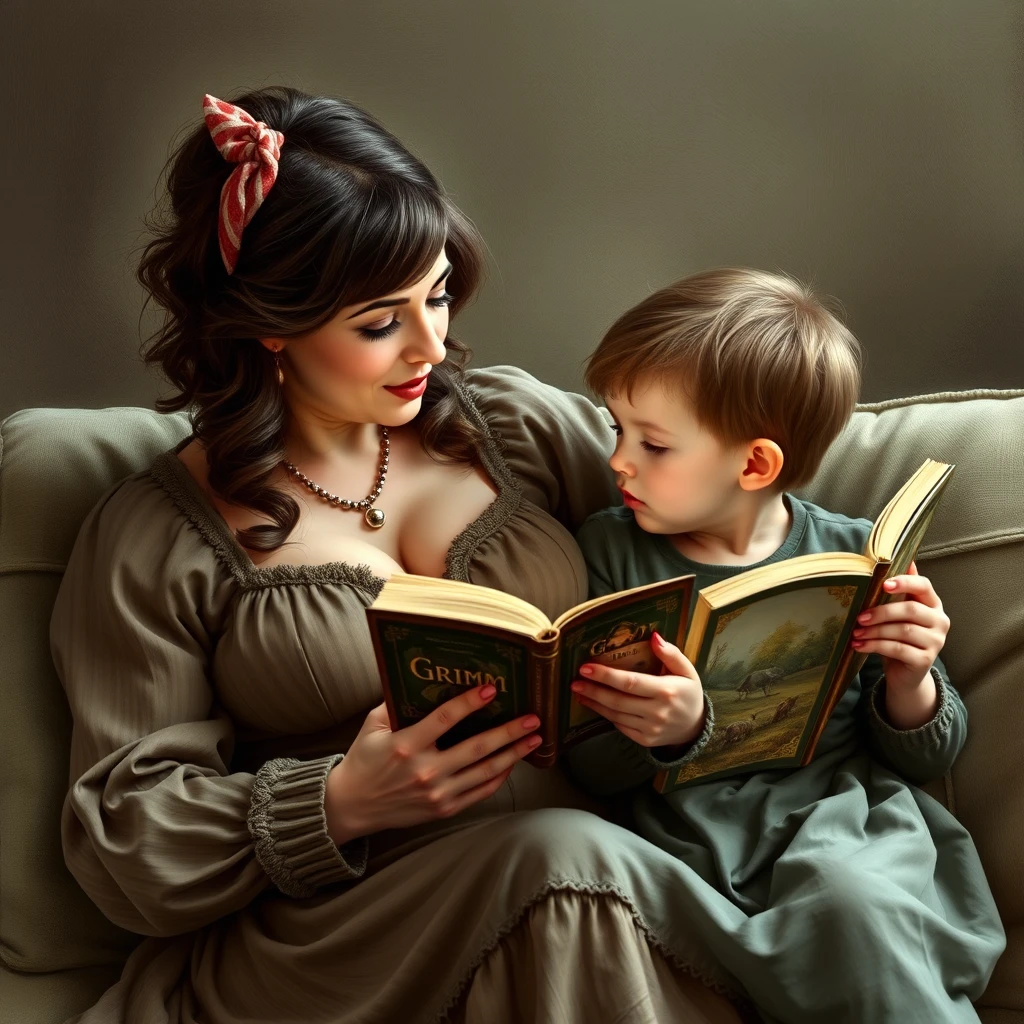 子どもの前で怖い本を読む女性
