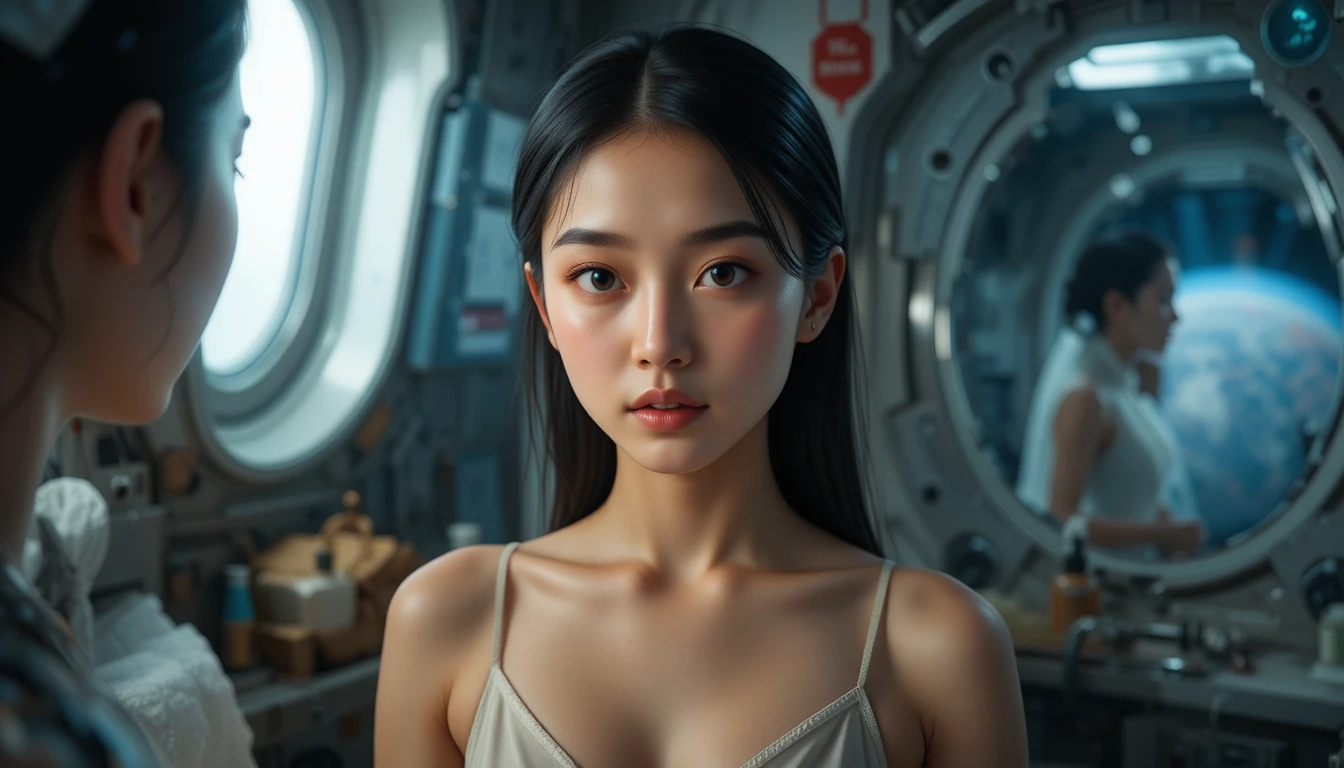 사이버펑크 우주 정거장 욕실에 있는 젊은 여성 우주비행사