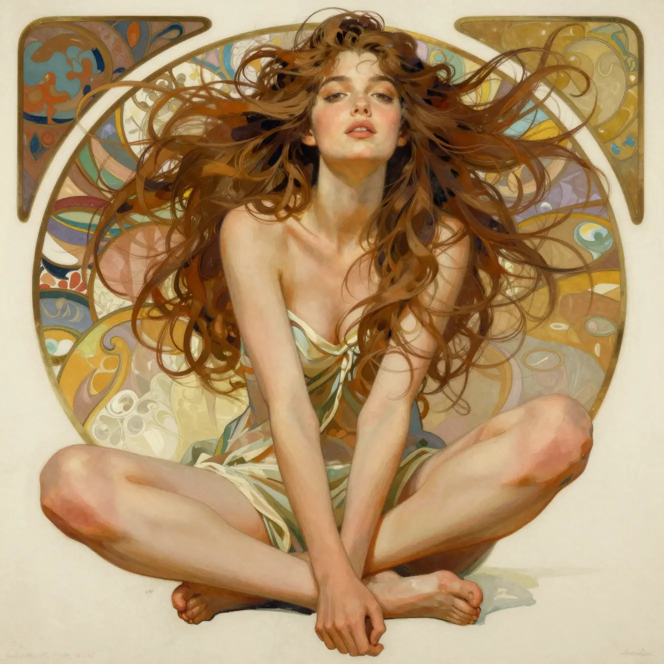 Low angle illustration of a thoughtful young woman seated casually