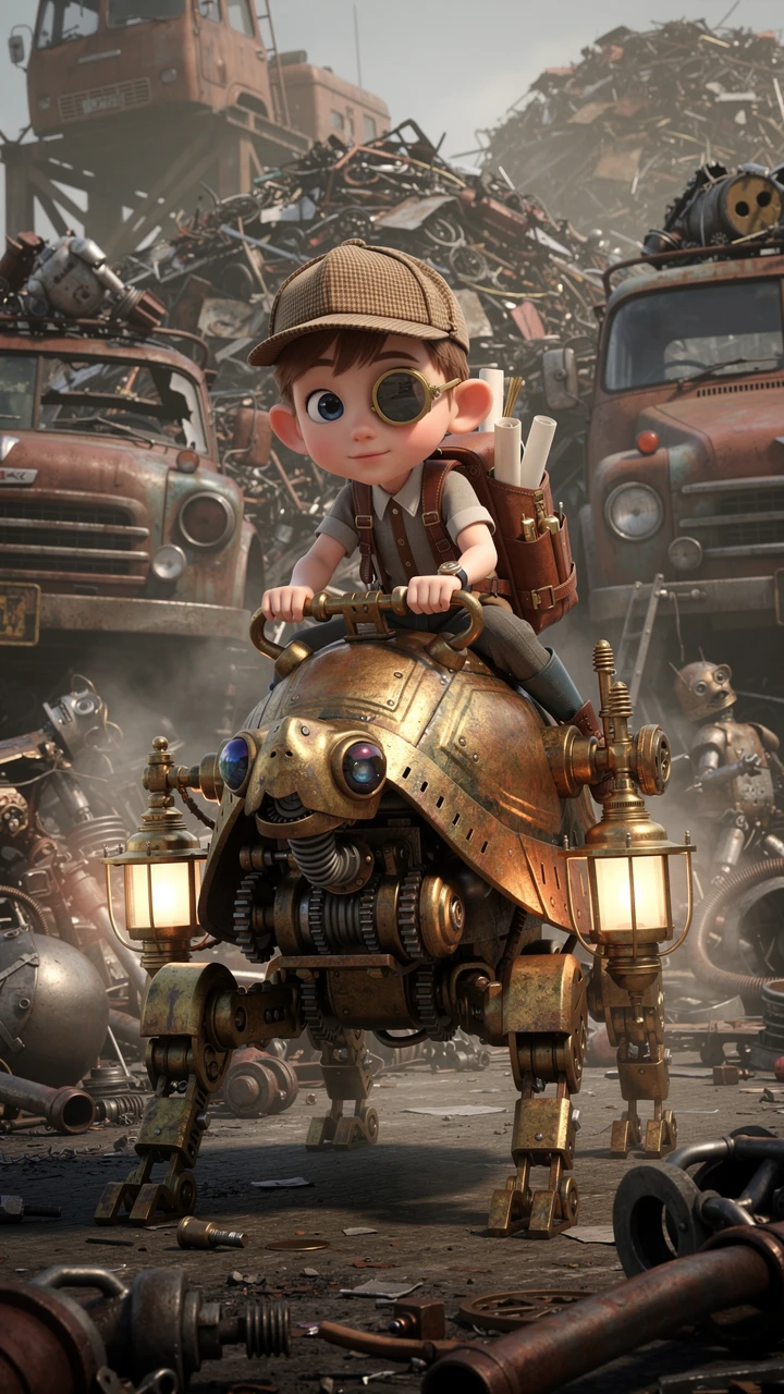 Garçon curieux chevauchant un automate tortue steampunk dans une casse