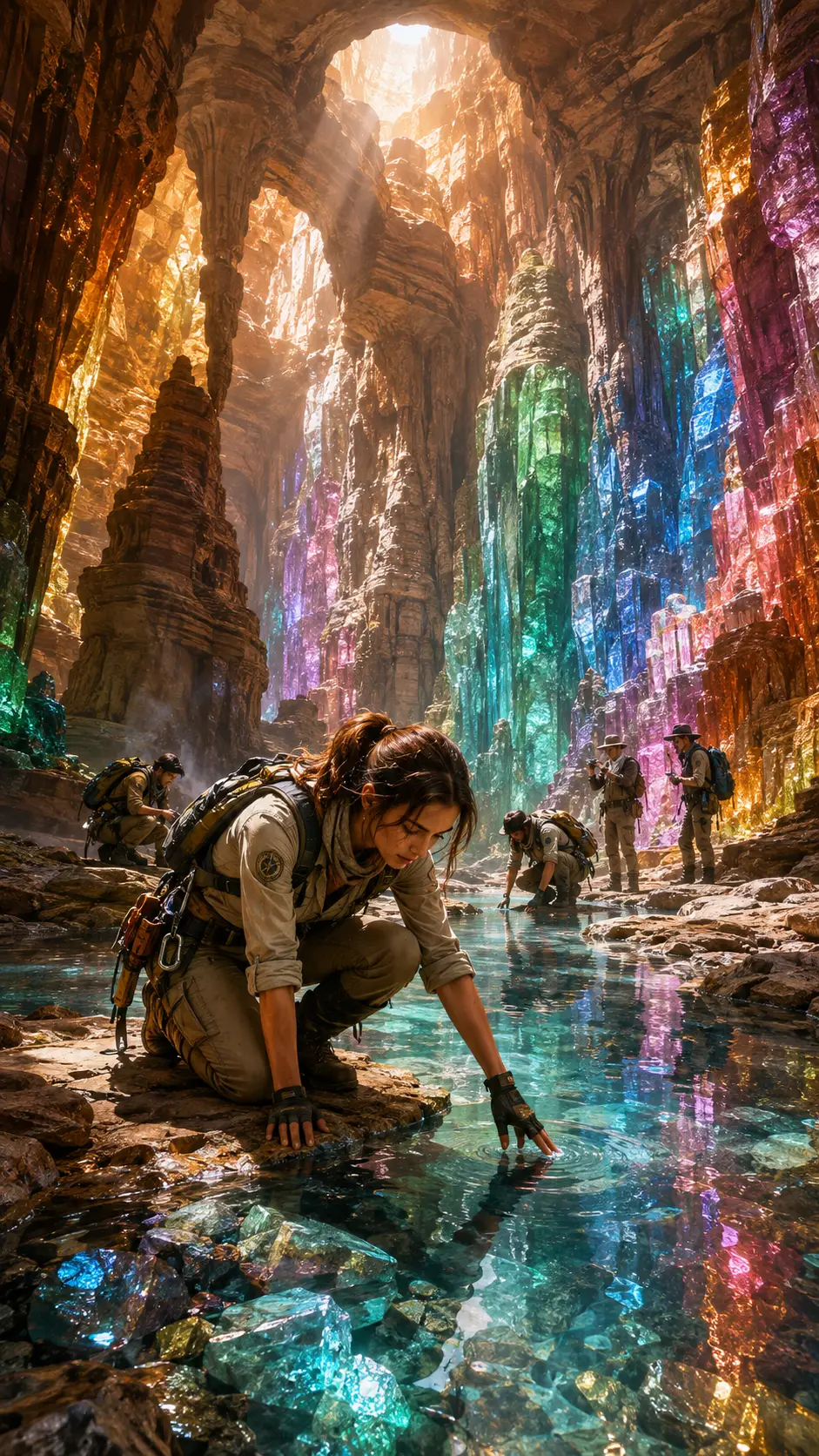 探險者在發光水晶峽谷的碧綠河畔跪下