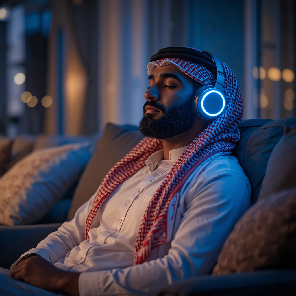 Homem de thobe relaxando com fones de ouvido no sofá à noite