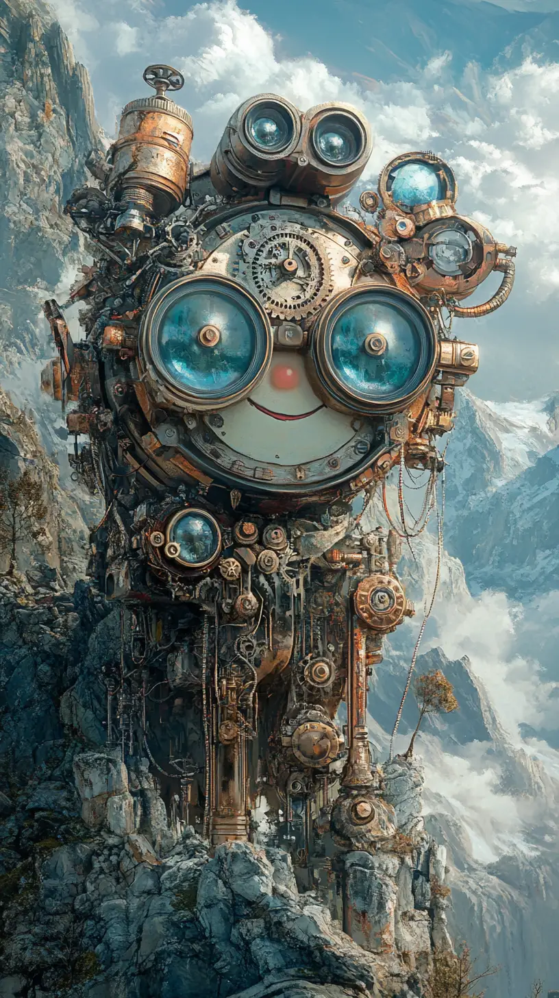 Niedliche Steampunk-Uhr mit Fernglas in pastellfarbener Berglandschaft