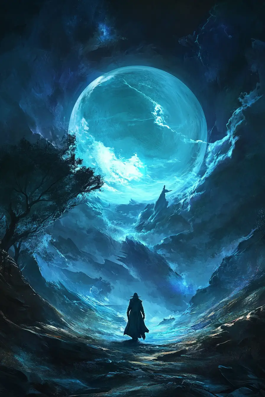 Cosmic figure embodying night dawn and dusk in abstract space