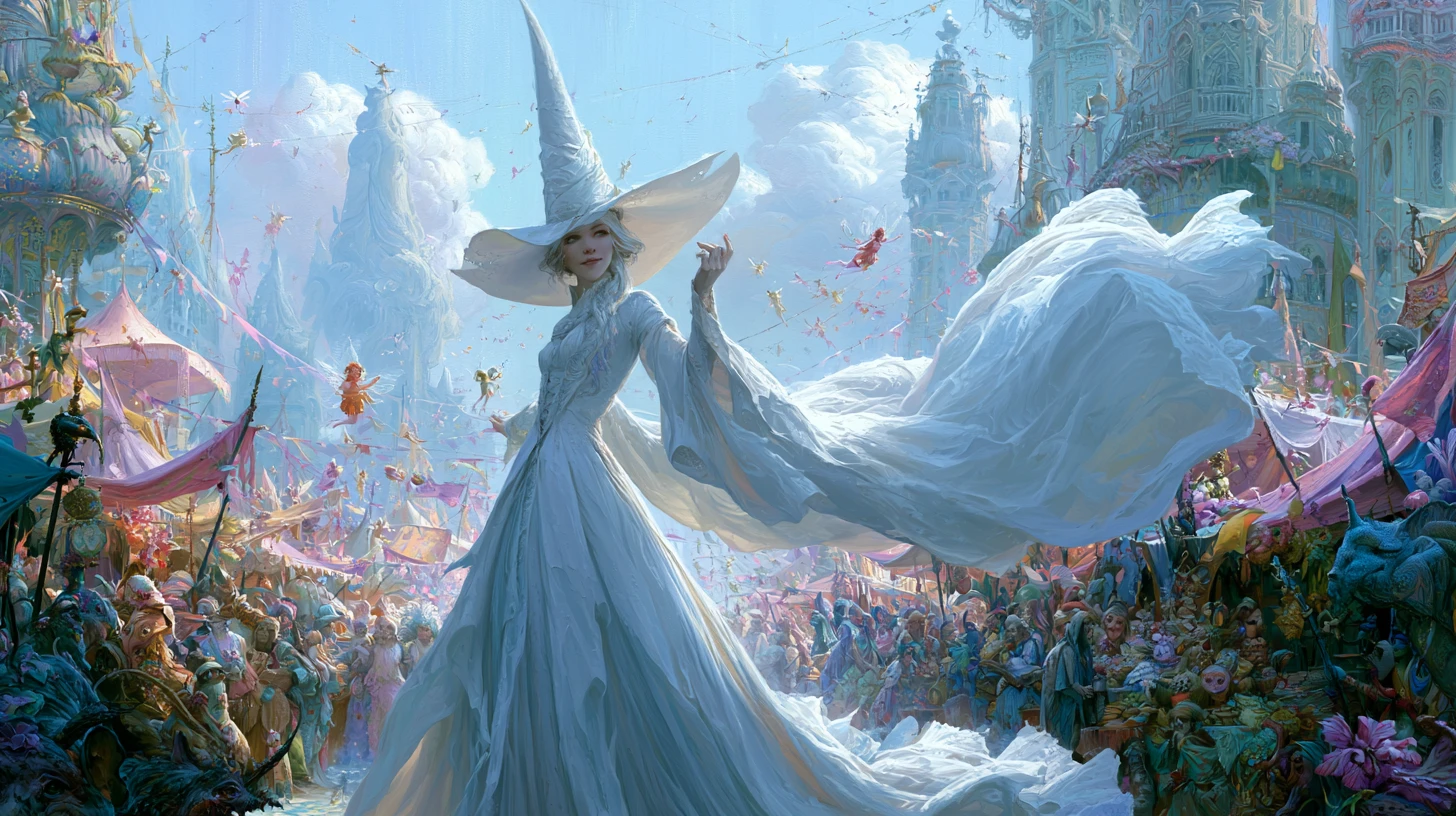 Sorcière blanche marchant dans un marché magique animé