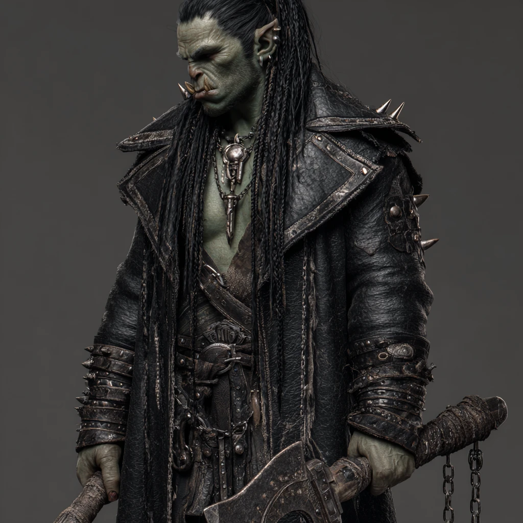 Grim orc warrior in black coat with chains and axe