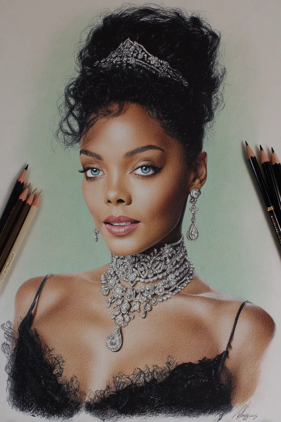 Elegant woman portrait in color pencil with emerald background
