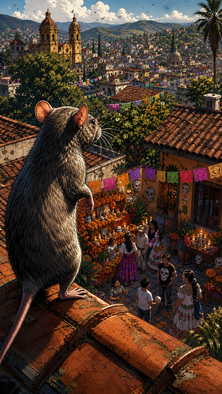 Rato em pé no telhado com vista para um quintal mexicano