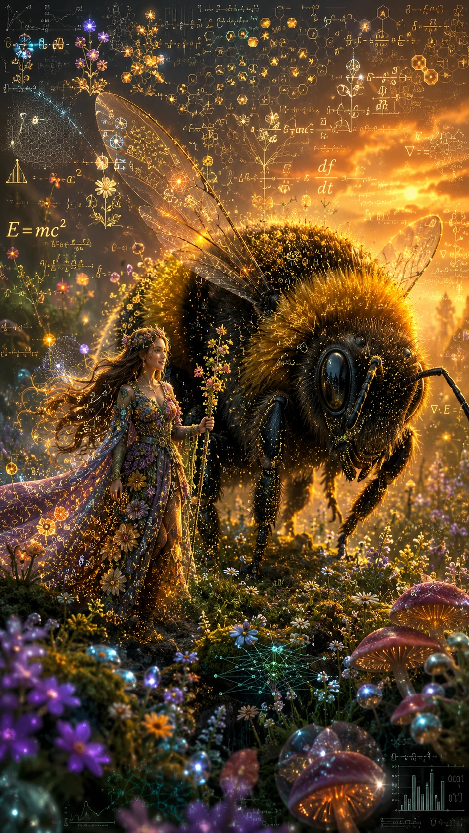 Flower mage walking beside a colossal glowing bumblebee