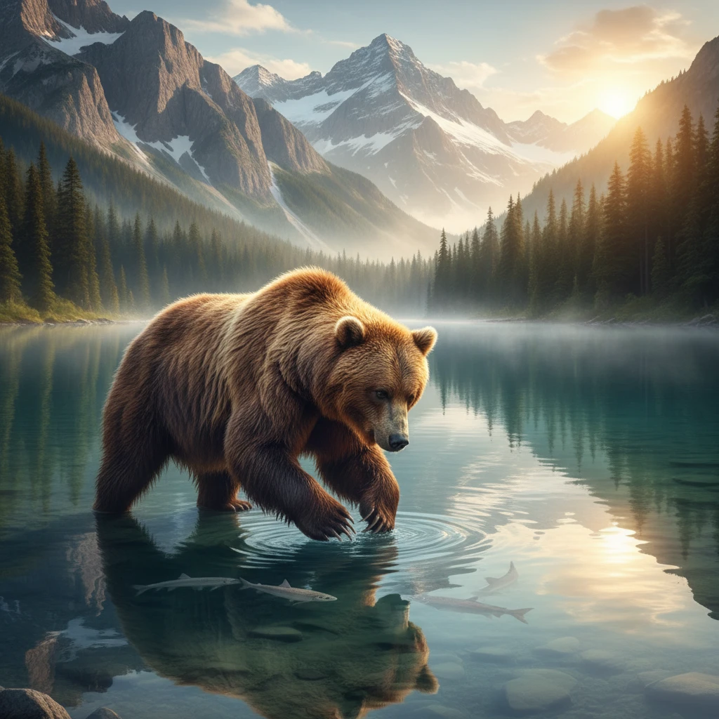 Ours brun chassant des poissons au bord d’un lac cristallin