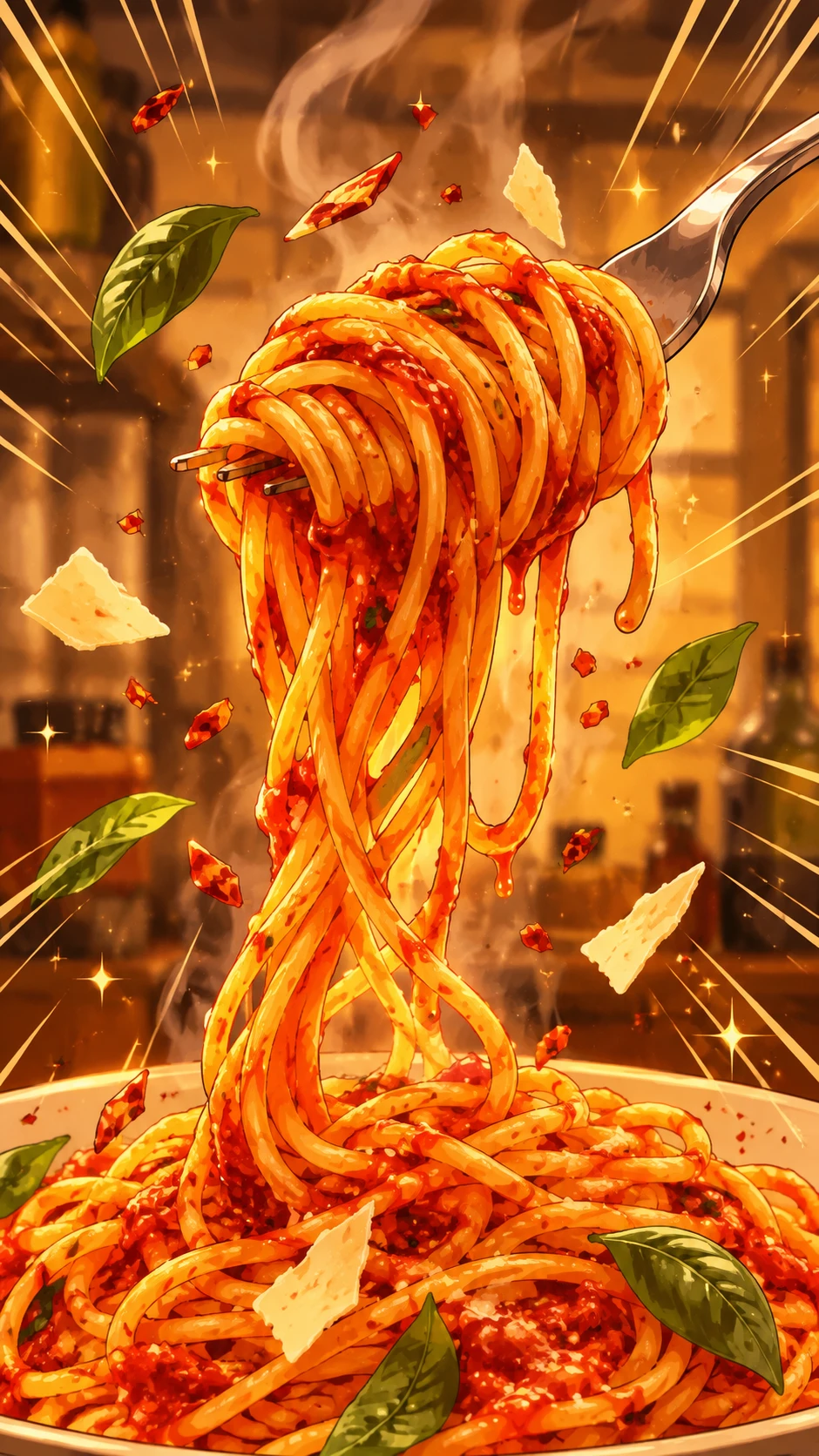 Spicy pasta twirled on a fork in anime kitchen glow