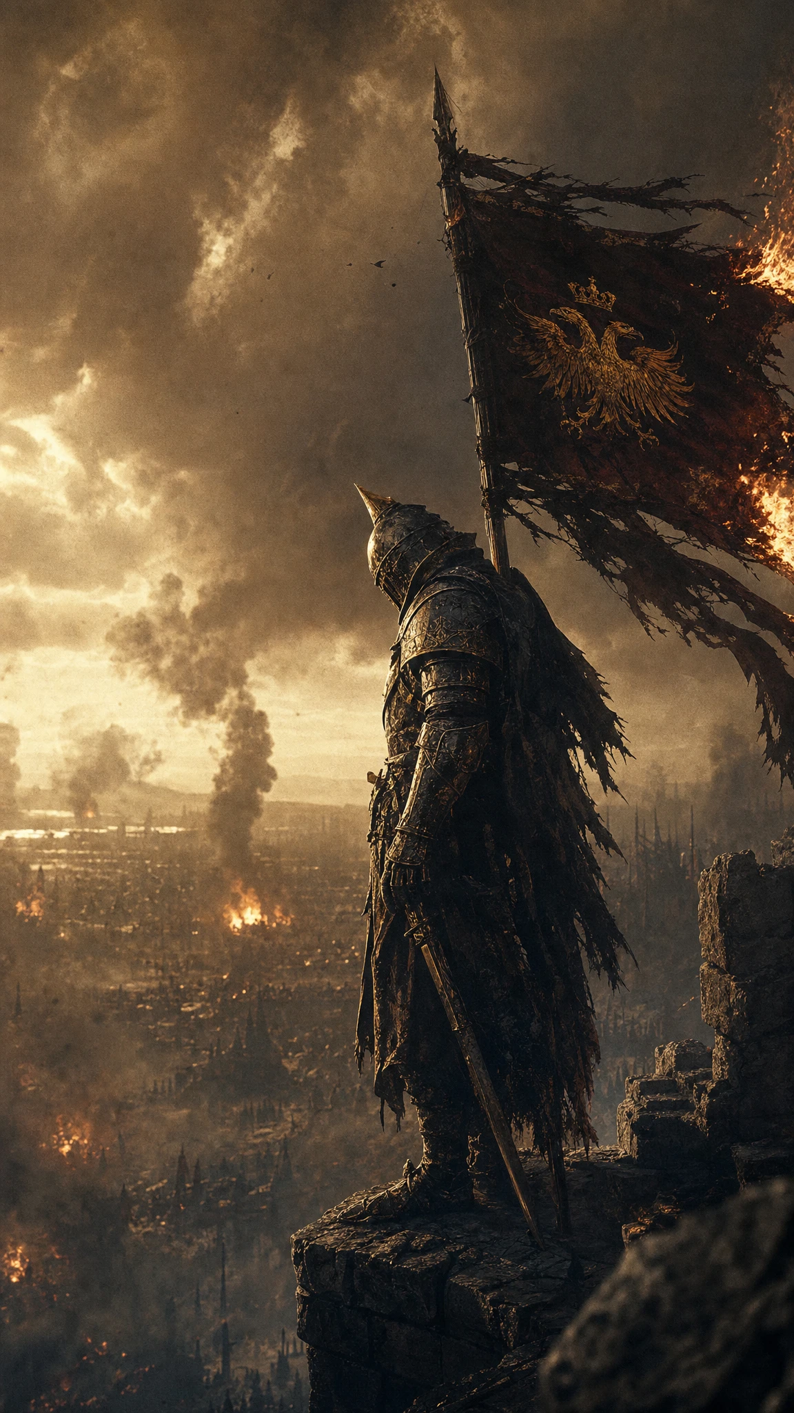 Paladin guerrier solitaire sur le mur d’une forteresse en ruine avec drapeau en flammes