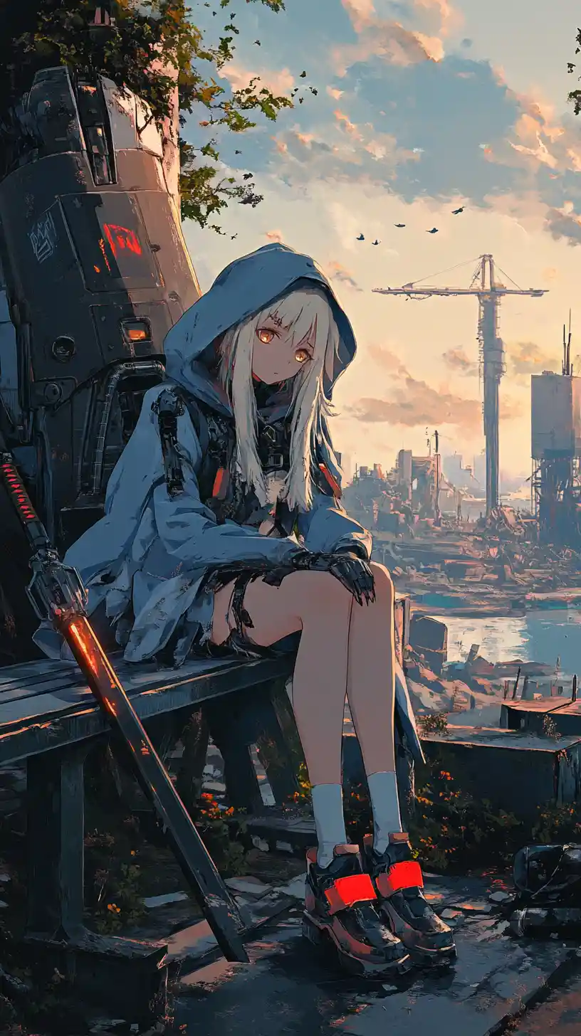 Anime girl resting on a bench in ruined city