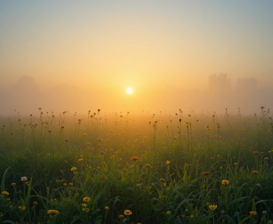 Lumière dorée du lever de soleil sur un pré fleuri brumeux