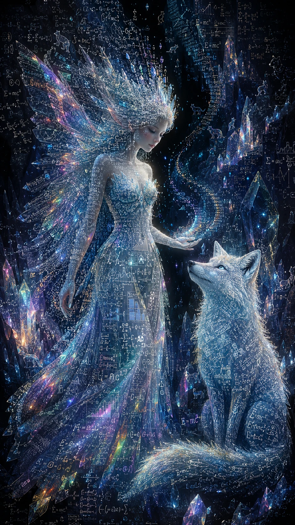Kristalline Fee und weißer Fuchs in leuchtender Quarz-Höhle