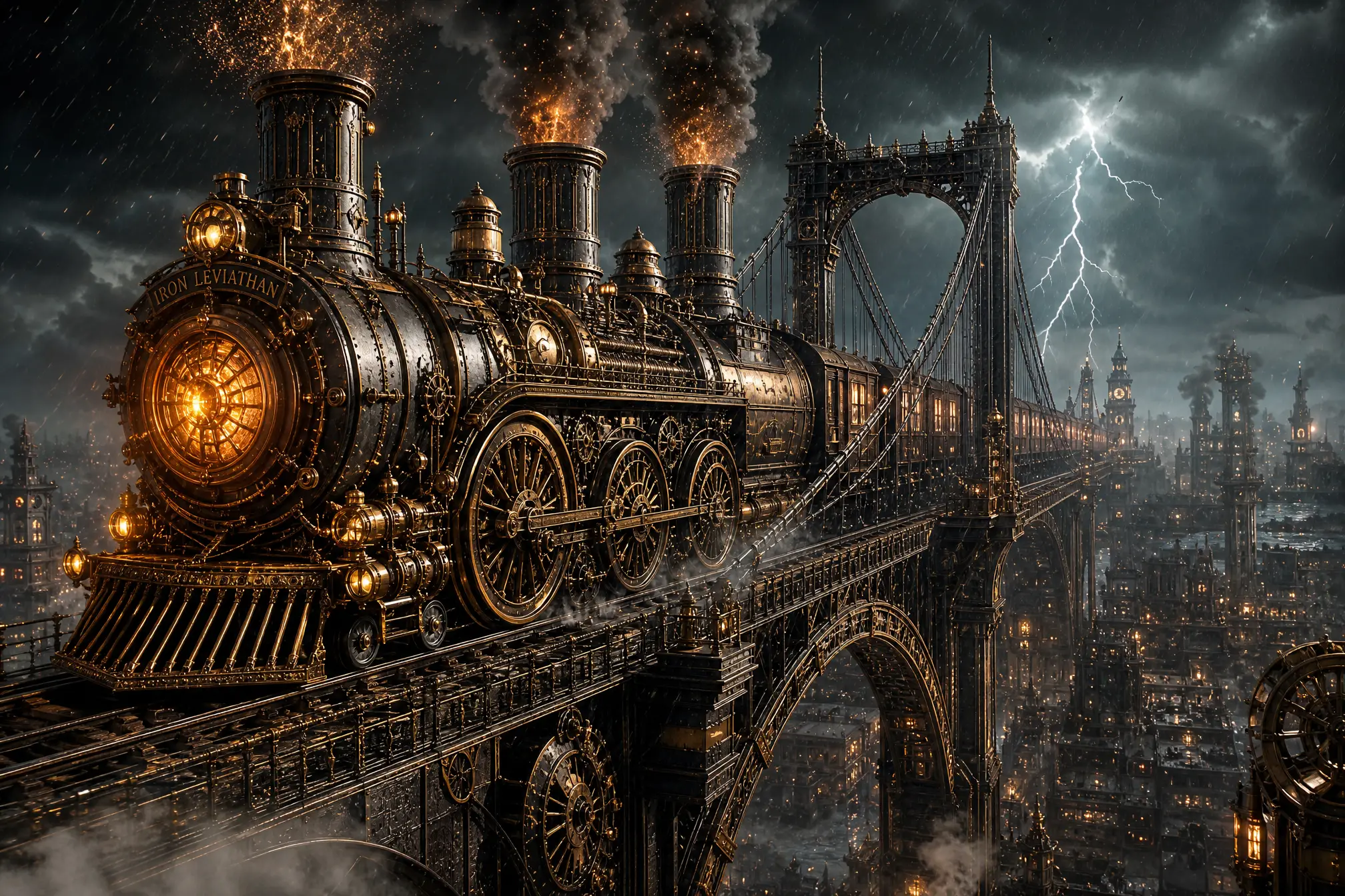 Steampunk train crossing a towering bridge in a storm