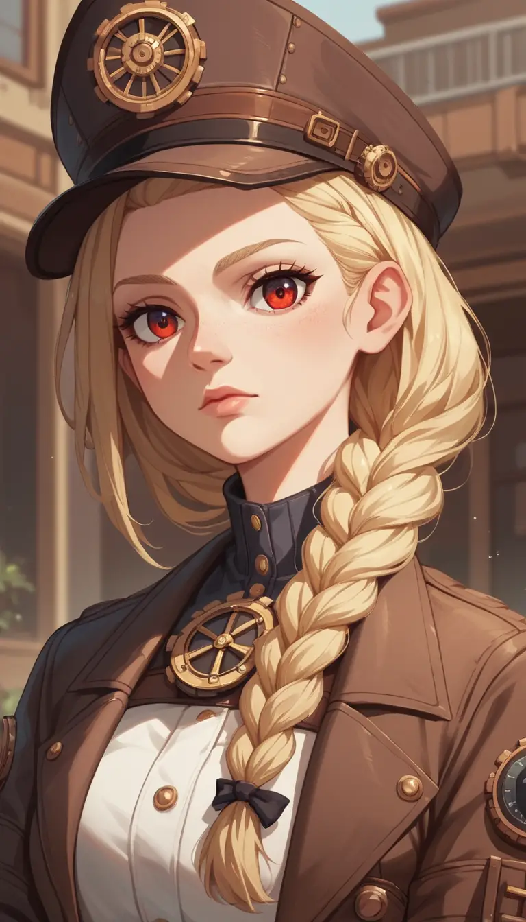 Close up steampunk female worker with braided blonde hair
